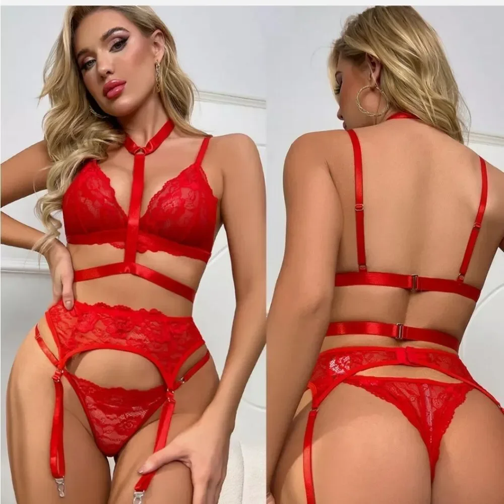 Women Lace Lingerie With Garter Belts Strap Babydoll Bralette Bra and Panty Set